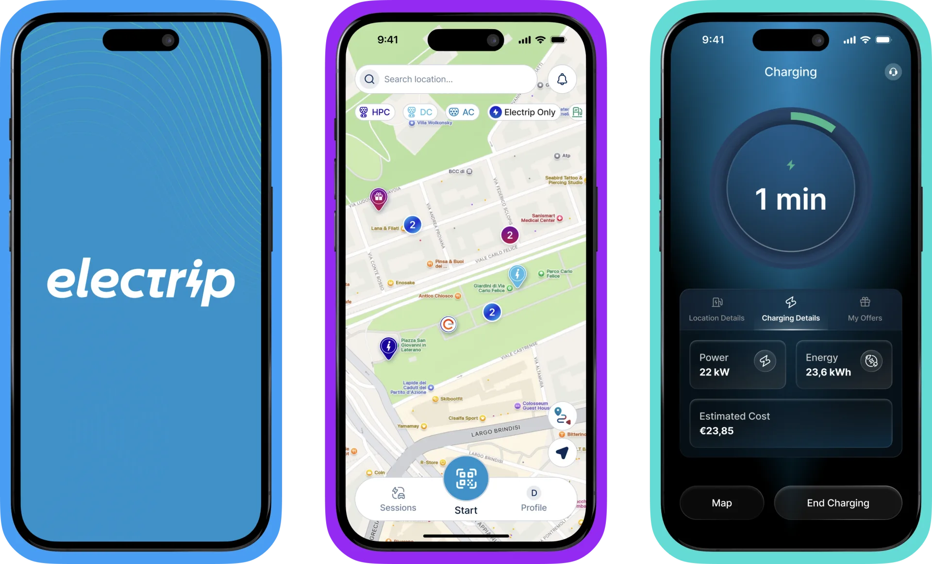 the Electrip app: filter-first discovery and live session monitoring