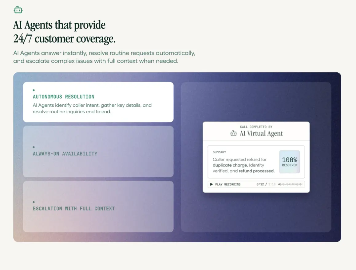 Aircall AI Agents providing 24/7 customer coverage with autonomous resolution flows